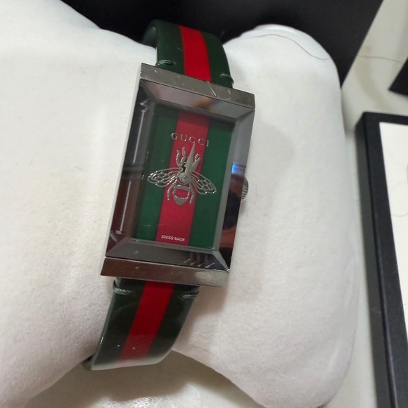 Gucci Rectangular Silver Watch with Green and Red Accents main image 4